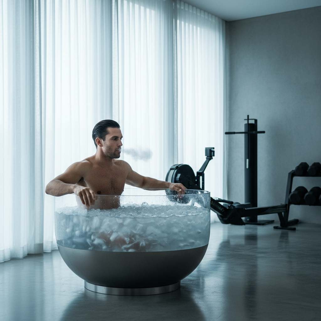 Man steams after using a modern ice bath in a bright home gym space